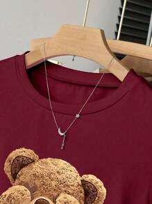 SHEIN Girls Casual Teddy Bear Print Elastic Waist Short Sleeve T-Shirt