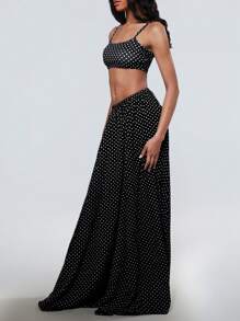 Flirla Set de 2 piezas con camiseta de tirantescortay falda larga de línea A con estampado de lunares de estilo de resort de primavera/verano