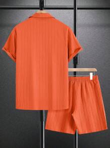 Manfinity Homme Bộ đồ thường ngày áo sơ mi ngắn tay một hàng khuy đơn màu trơn và quần short cho nam - Màu Cam cháy - Xem 2