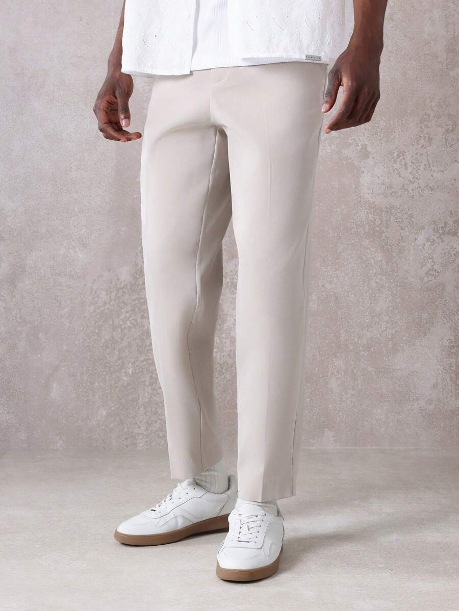 SUMWON 智能锥形剪裁职业裤修身剪裁商务休闲裤经典正式办公室服装松紧腰现代工作服 - 卡其色 - 查看 1