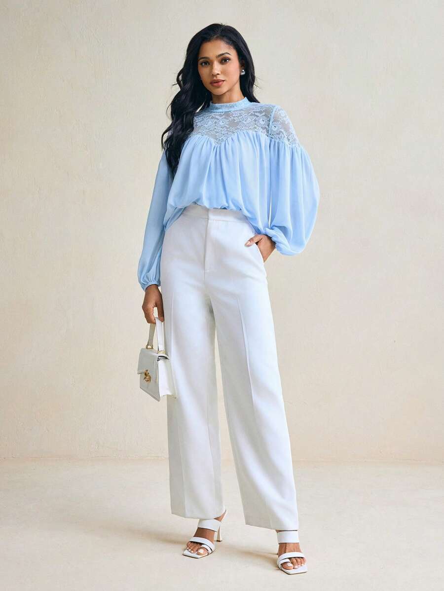 Mykaelle Rosa Áo cánh tay dài cổ giả màu xanh lam đơn giản cho công sở, ren xếp nếp màu trơn, chiffon xanh, công sở - Màu xanh lam - Xem 1