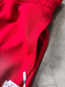Men's Loose Letter Print Drawstring Waist Straight Leg Pants - Red - View 4