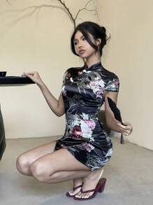 EastFlair Women's Floral Print Button Design Short Sleeve Fashionable Mini Dress,Tea Party Dress,Summer Dresses For Women