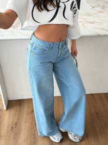 EURMUSE Quần Jeans Ống Rộng Có Túi Sau Lưng Cạp Thấp - Rửa nhẹ - Xem 6