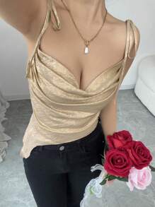 Elenzga 女士情人节金属不对称深 V 领性感吊带背心 - 金色 - 查看 5