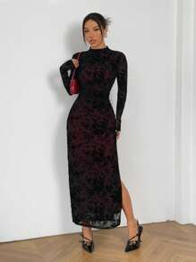 SHEIN EZwear Zwarte gevlokte mesh maxi bodycon jurk voor dames