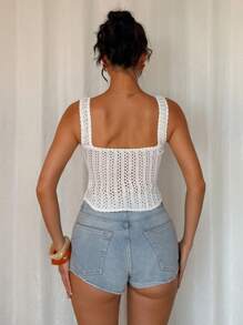 Chiquease Sleeveless Women Hollow Out Knitted Top With Front Bowknot & Square Neck - White - View 2