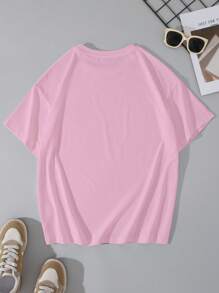 INAWLY Casual Loose Slogan Print Short Sleeve T-Shirt, Spring/Summer - Pink - View 2
