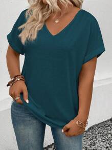 INAWLY Women's Casual V-Neck Rolled Cuffs Short Sleeve All-Match Versatile Plus Size T-Shirt, Spring/Summer