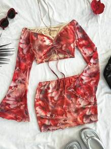 Soleia 女士沙滩装 圣帕特里克节沙滩装 圣帕特里克节服装 春夏服装 女士演唱会服装 女士度假深 V 领长袖短款上衣和低腰迷你裙套装，2 件套 狂欢节套装 女士两件套服装 女士度假服装 - 彩色 - 查看 4