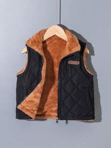 Girls' Thick Padded Vest With Fur Trim, Winter - Black - View 3