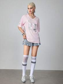 ROMWE Avant T-shirt patchwork en tissu argenté avec graphique de football rétro Y2K pour femmes