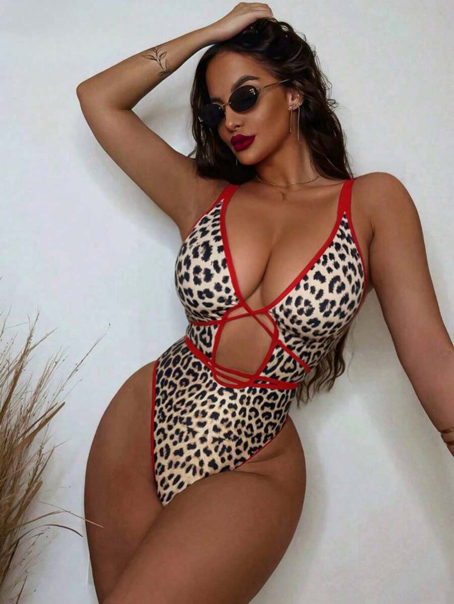 Swim SXY Traje de baño de una pieza para mujer con cuello en V, tirantes cruzados y estampado de leopardo - Multicolor - Ver 1