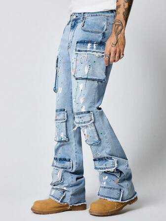 Street Life Herren Jeans mit Spritzer-Muster, mehrschichtigem ausgestelltem Bein und Cargotaschen