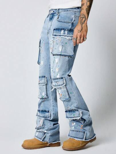 Street Life Men's Splatter Print Layered Flared Cargo Jeans