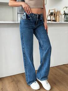 EURMUSE HIGH WAIST STRAIGHT JEAN CASUAL STYLE - Medium Wash - View 5