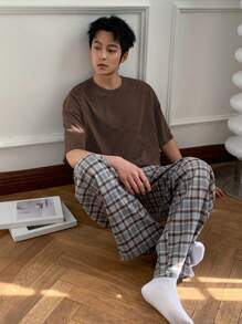 DAZY 夏季纯色短袖 T 恤和复古格子裤男士睡衣套装 - 咖啡棕 - 查看 5