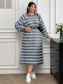 EURMUSE Vestido de suéter con mangas raglán a rayas sin cinturón - Gris Claro - Ver 1