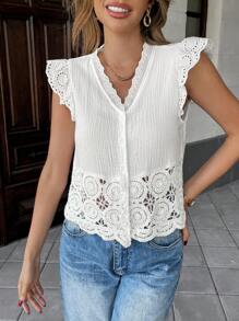 Pariaura Damen V-Ausschnitt Spitzen-Häkeldesign ärmelloses Top