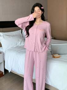 DAZY 2 pièces Ensemble de pyjama rose à manches longues avec fleurs ditsy pour femmes, printemps