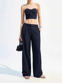 LYSMO Women's Striped Bandeau Suit And Trousers Set For Commuting - Blue and White - View 3