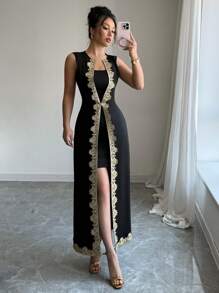 Rafferiza Elegant Waist-Cinched Fitted Sleeveless 2 In 1 Lace-Trim Black Long Dress, Suitable For Spring & Summer - Black - View 8