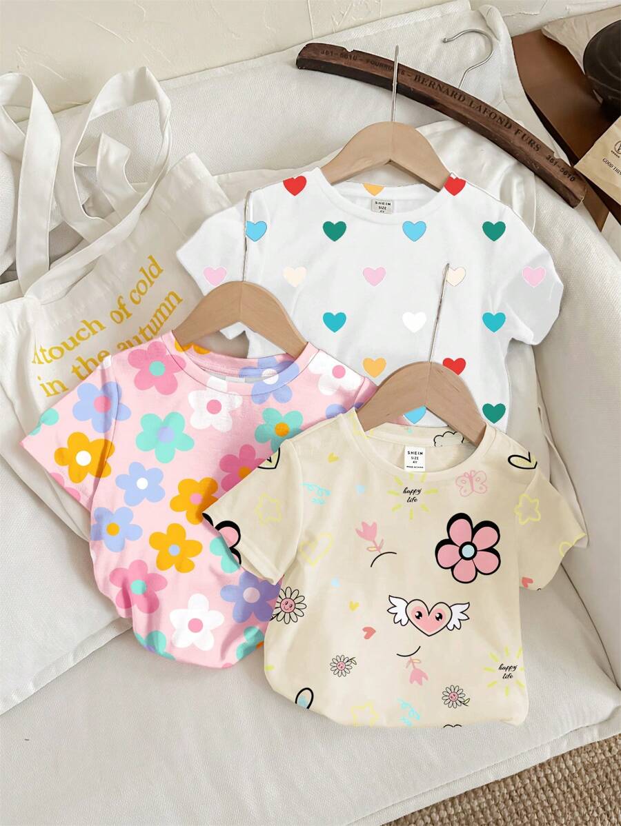 SHEIN Leap Crew Happikins Young Girl Casual Minimalist Round Neck Short Sleeve T-Shirt, Suitable For Summer - Multicolor - View 1