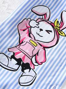 SHEIN 2 件装少女条纹卡通印花短袖衬衫和牛仔裤套装 - 藍色 - 查看 3