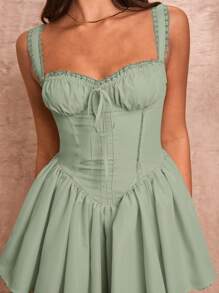 SHEIN BAE Women Elegant Solid Ruched Camisole Lace Patchwork Mini Dress - Mint Green - View 9