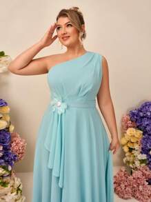 SHEIN Belle Plus Size Elegant Simple Oblique Shoulder, High Waist 3D Flower Decor, Ruffle Hem Long Bridesmaid Dress - Mint Green - View 7
