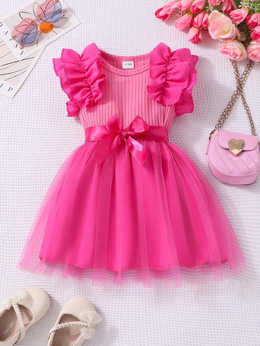 Glamorique Kids Đầm công chúa cổ tròn tay bo bèo lưới gân cho bé gái kèm thắt lưng, đa năng cho mùa hè - Màu Hồng Tươi - Xem 1