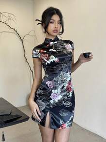 EastFlair Women's Floral Print Button Design Short Sleeve Fashionable Mini Dress,Tea Party Dress,Summer Dresses For Women
