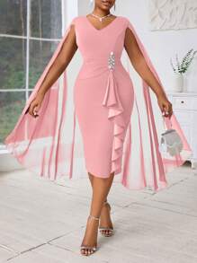 Fleurora 大码女式优雅斗篷结构蓝色透视正式晚礼服秋季女装四季蓝色连衣裙 - 粉色 - 查看 4