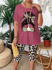 Áo thun tay ngắn cổ tròn in hình kính mát mùa hè và quần legging 2 món trang phục cỡ lớn cho nữ, thường ngày - Màu Hồng Tươi - Xem 3