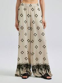 Ontre Apricot Coconut Tree Print Elastic Waist Wide Leg Casual Pants