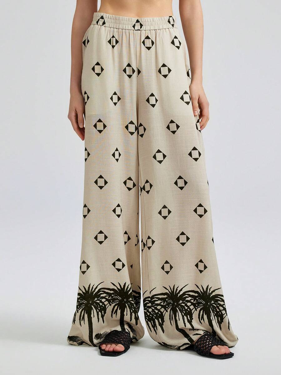 Ontre Apricot Coconut Tree Print Elastic Waist Wide Leg Casual Pants