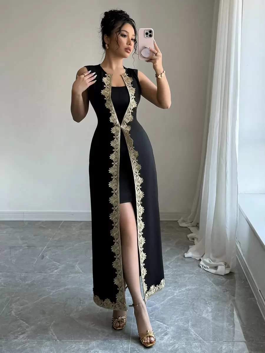 Rafferiza Elegant Waist-Cinched Fitted Sleeveless 2 In 1 Lace-Trim Black Long Dress, Suitable For Spring & Summer - Black - View 1