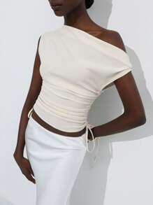 Aveloria Modichic Women's Elegant Oblique Shoulder Tie Strap Fashionable Summer Top - Apricot - View 3