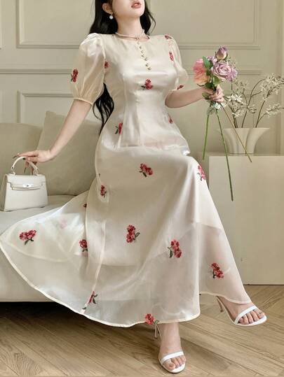 Feyla Women's Floral Print Round Neck Short Puff Sleeve Elegant Dress Summer Dresses For Women