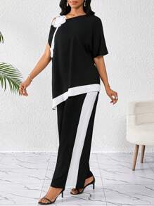 SHEIN Lady Conjunto de dos piezas para mujer con diseño asimétrico con hombros cortados y estampado floral tridimensional elegante en blanco y negro, apto para bodas, cumpleaños, vacaciones y eventos de verano