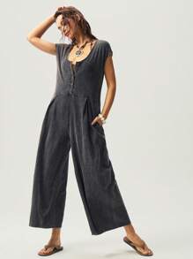 Bohemela 女式休闲宽松牛仔风格纯色圆领短袖连体裤，波西米亚文艺复兴博览会风格，夏季 - 黑色 - 查看 4