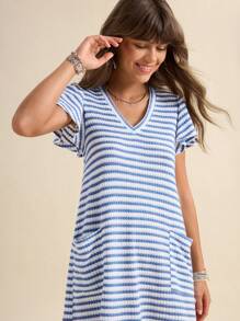 Wildy Vestido mini de mujer de línea A a rayas verdes vintage con mangas con volantes