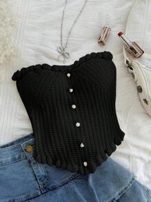 SHEIN WYWH 大码女式针织束带紧身胸衣上衣，配珍珠纽扣，浪漫的春假分层单品 - 黑色 - 查看 3