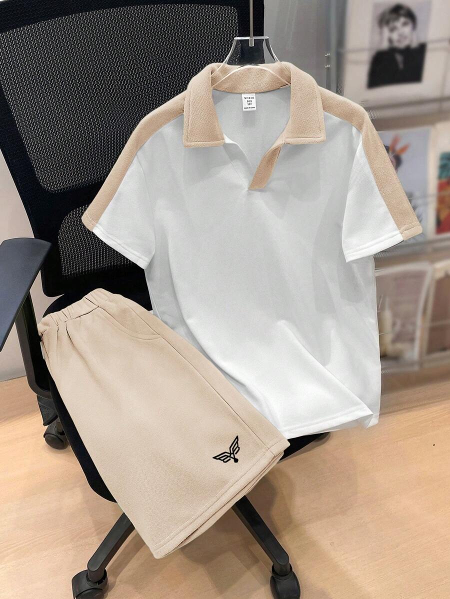 SHEIN Tween Boy Loose Casual Polo Collar Color Block T-Shirt & Shorts 2 Pieces Set - Apricot - View 1