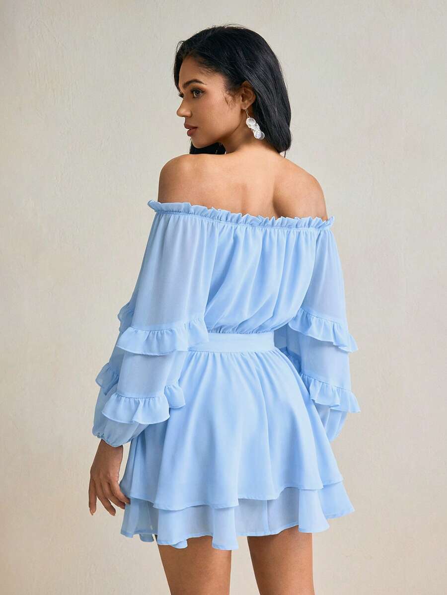 Mykaelle Rosa Damen Mini-Kleid mit tiefer Schulter, Langarm, blauem Chiffon, Rüschen-Lagen - Blau - Übersicht 1
