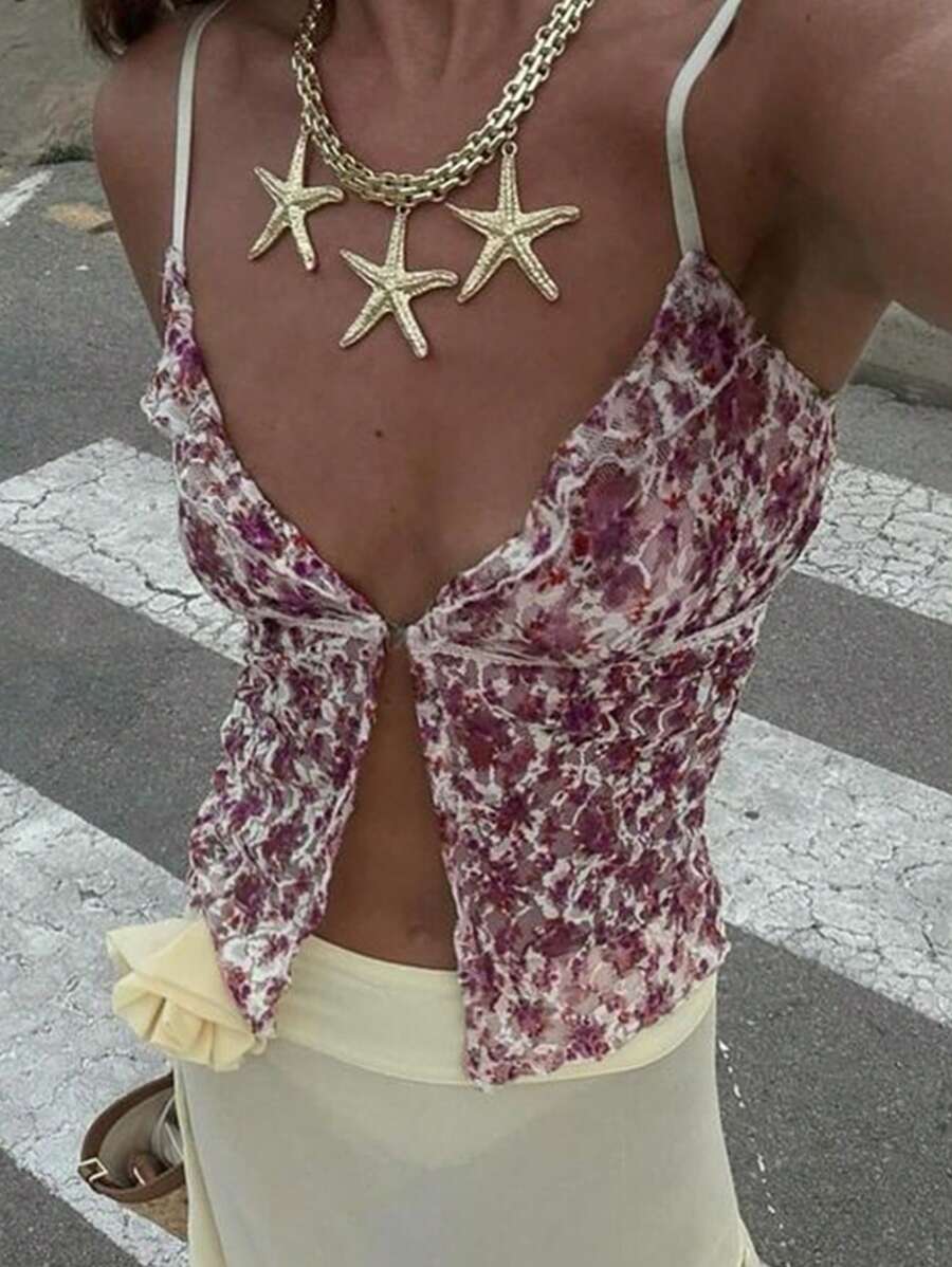 INAWLY 女士花卉印花开衩性感无袖背心 图案 T 恤 女士上衣 - 紫色 - 查看 1