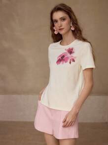 MOTF PREMIUM 针织花卉印花短袖 T 恤,情人节