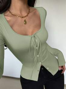 SHEIN Allurite 性感纯色针织弹力圆领系带长袖紧身纽扣装饰女士日常百搭 T 恤 - 綠色 - 查看 5