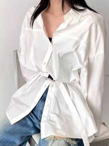 FRIFUL 女式宽松腰部收紧办公室休闲衬衫长袖上衣