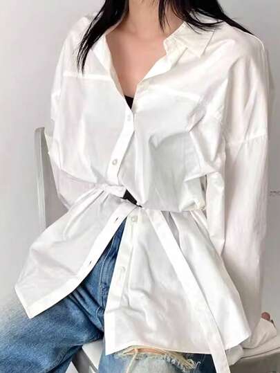 FRIFUL 女式宽松腰部收紧办公室休闲衬衫长袖上衣